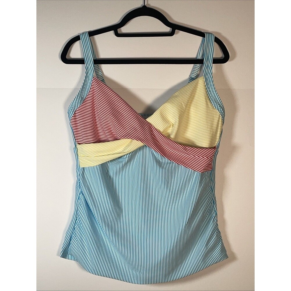 Women’s Lands End UPF 50 Swim Seersucker Bathing Tankini Top 14 Underwire NWT